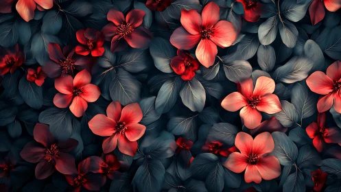 Crimson Blossoms Emerge From Shadowy Garden Depths.