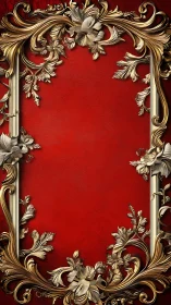Baroque gold floral frame on rich red textured background.