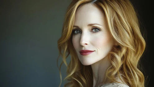 Soft-lit portrait of a red-haired woman in quiet focus.