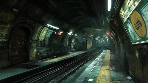 Moody underground metro tunnel with damp retro lighting.