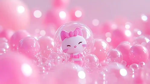Bubble-helmet kitty quietly floats through a candy-pink dream