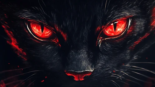 Close frontal rendering shows black feline face with red eyes