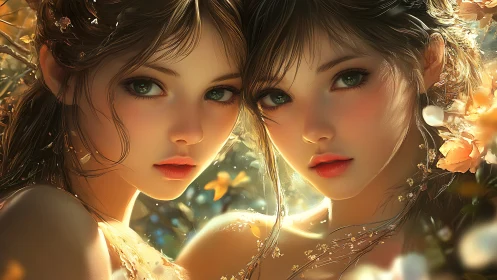 Luminous twin portraits in ethereal floral digital painting.