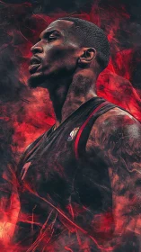 Digital portrait of basketball player in red abstract smoke.