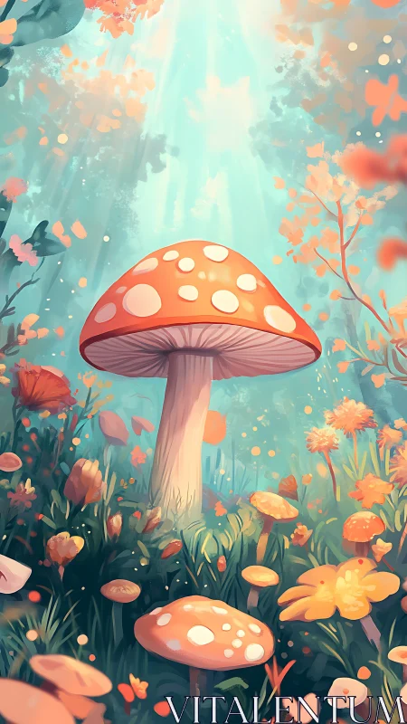 Digital painting of luminous forest toadstool in vertical frame.
