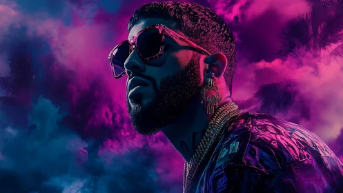 Male figure with jewelry in neon cloudscape environment.