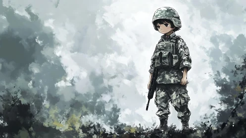 Young soldier drifts through misty battlefield silence.