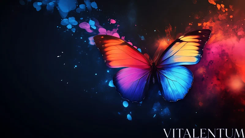 Radiant butterfly spreads glowing rainbow wings in deep night