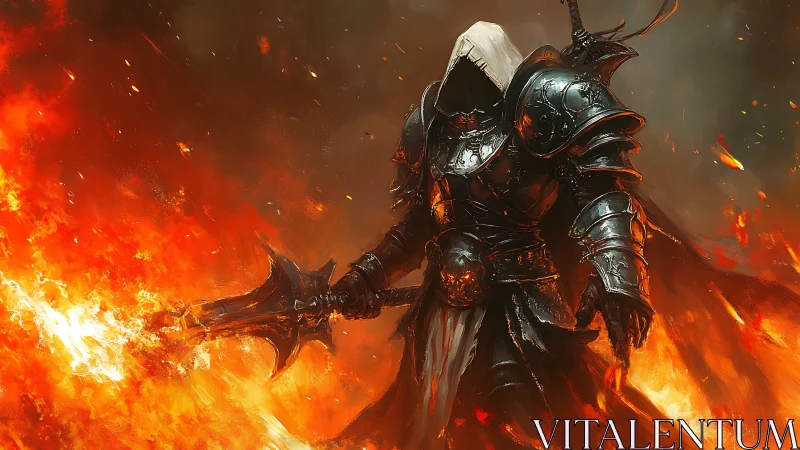 Hooded hellfire knight striding through molten battlefield blaze.