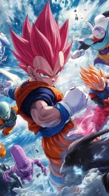 Fierce pink‑haired warrior leading a wild cosmic showdown.