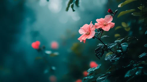 Pink Blossoms in Teal Bokeh: Shallow Depth Field Study.