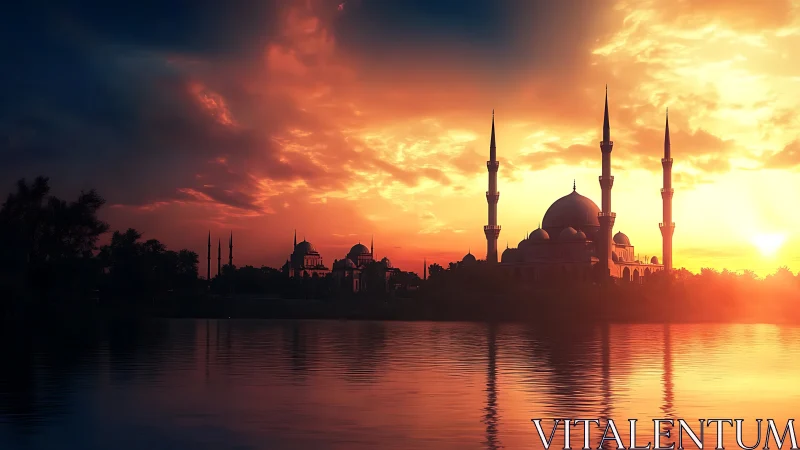 Sunset mosque silhouette with reflective water and dramatic sky
