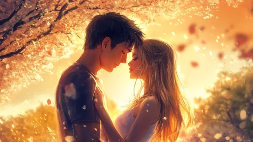 Golden Moment: Two Hearts Aflame Beneath Blossoming Radiance.