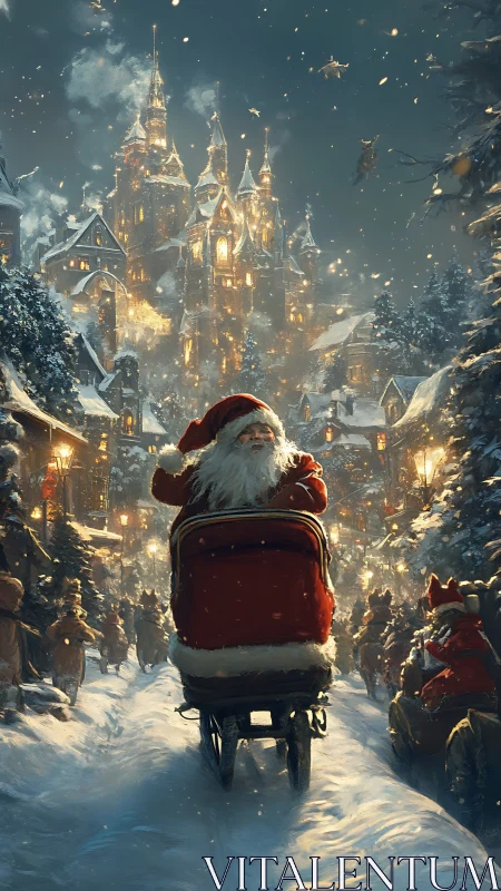 Santa rides through snowy village toward glowing castle