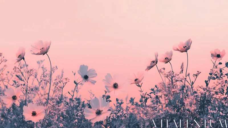 Cosmos Flowers Bathed in Soft Pink Twilight Sky
