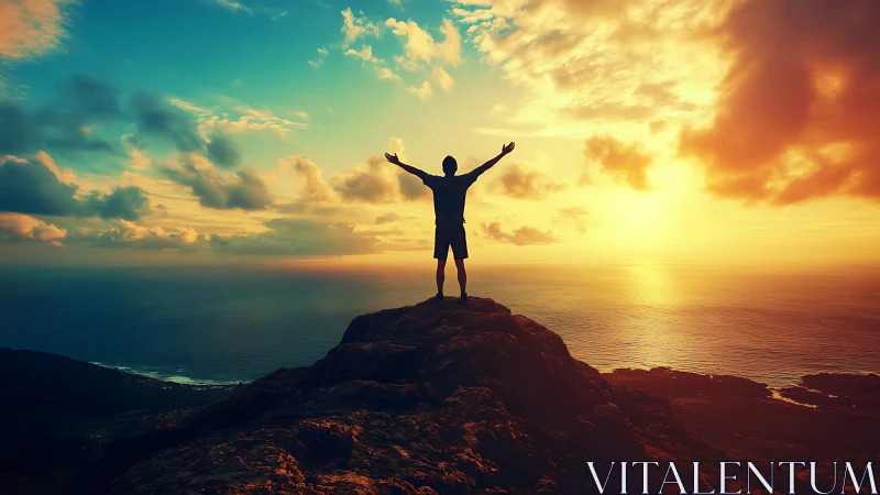 Silhouette on coastal cliff observing vivid ocean sunset.