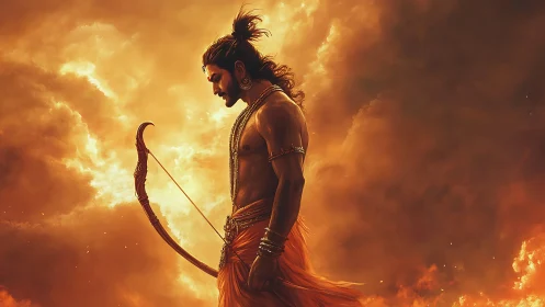 Sun-forged warrior archer bowed in molten-cloud silence.