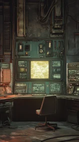 Retro control room with glowing central radar screen.