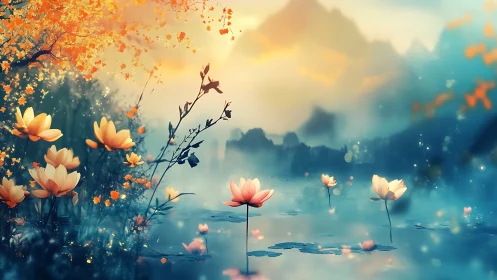 Dreamlike lotus pond glows under misty sunrise in mountains