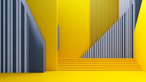 Geometric architectural space with yellow and gray striped elements