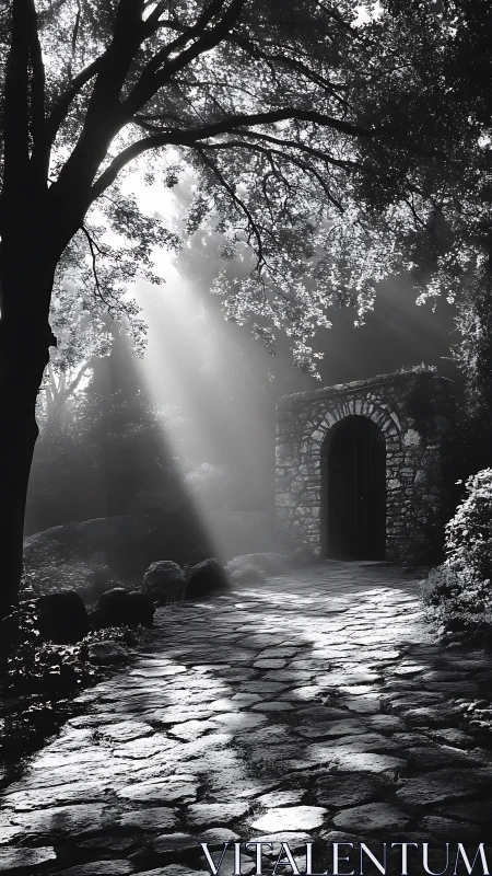 Sunlit stone path leads toward secluded arched garden door