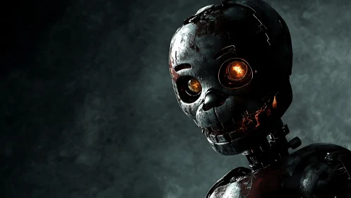 Burnt metal animatronic stares with fiery glowing eyes.