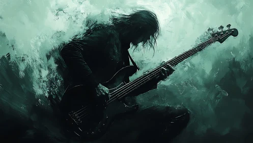 Silhouetted rock bassist bends into swirling teal storm.