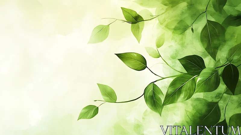 Sunlit vine leaves drifting across a misty green dreamscape.