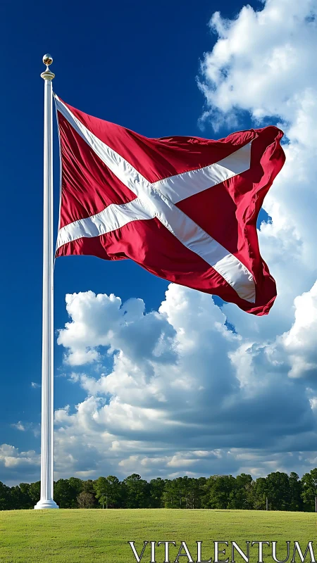 Red flag with white diagonal cross flies on tall flagpole