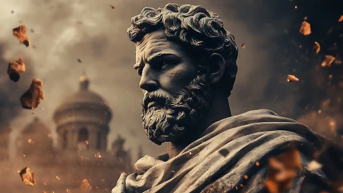 Stoic marble warrior stands amid burning ruins and ash.