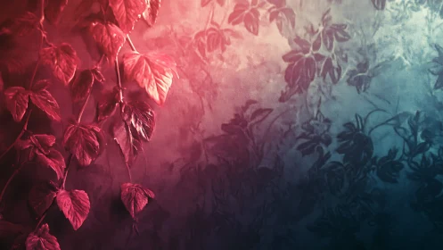 Red vine leaves against cool textured wall gradient.