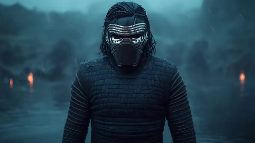 Masked warrior in rain-soaked armor on misty shoreline.