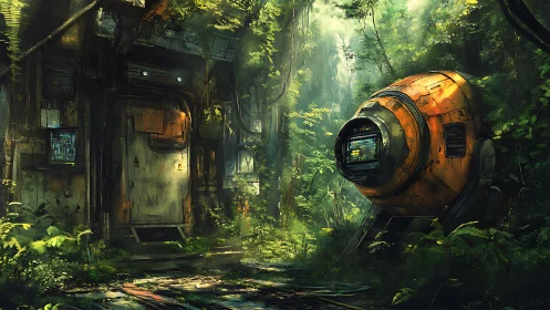 Derelict jungle outpost integrates oxidized pod and corroded hatch