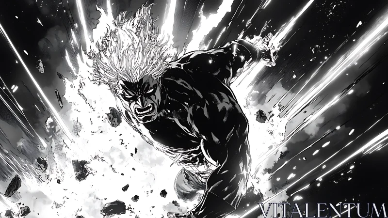 Powerful monochrome hero bursting through debris field.