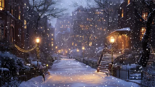 Snowlight drifts softly through a storybook winter street