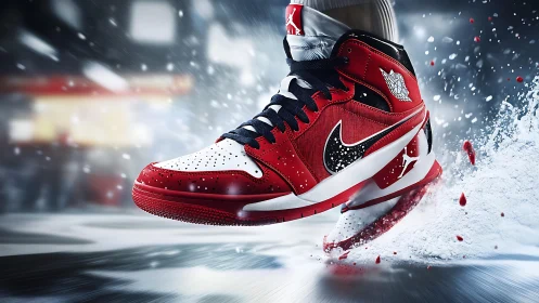 Bold red sneakers in motion with energetic street style.