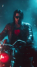Neo-noir biker rider under cyan red cinematic backlight.