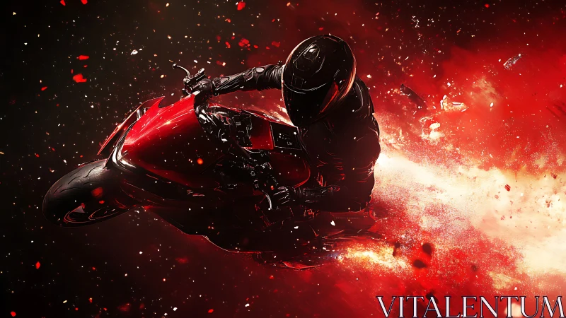 Motorcyclist on red sport bike amid fragmented red field.