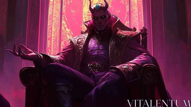 Demonic monarch seated on throne under saturated magenta backlight