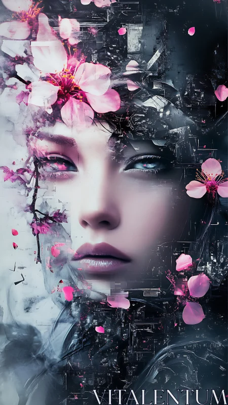 Futuristic female portrait blended with soft cherry blooms.
