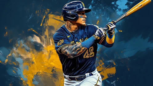 Baseball batter in navy uniform against abstract backdrop.