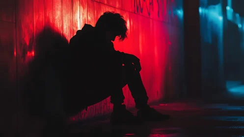 Silhouetted teen sits in neon alley, wrapped in moody solitude