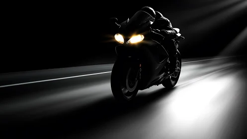 Motorcycle moves along dark roadway with directional lighting