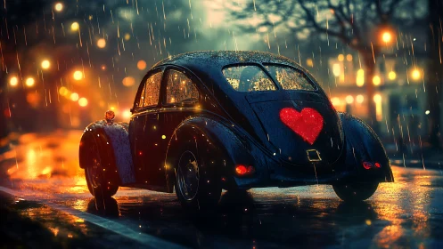 Vintage car with red heart emblem drives in wet night rain