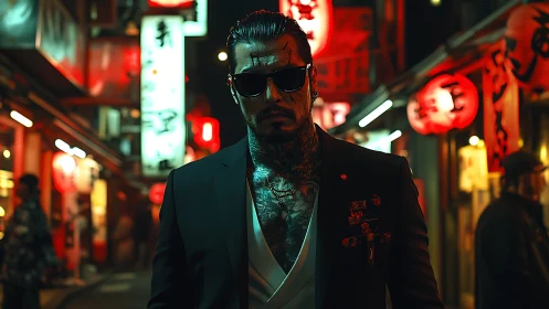 Neon alley portrait of tattooed enforcer under red signage.