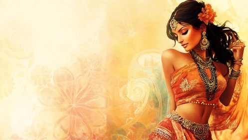 Elegant Woman in Traditional Indian Attire, Vibrant Artistic Style.