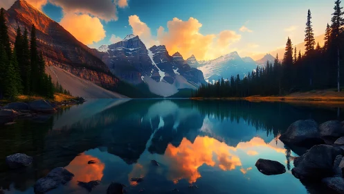 Mountain lake with reflected peaks and conifer shoreline.