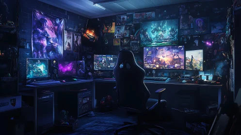 Multi-monitor gaming workstation in dark postered room.