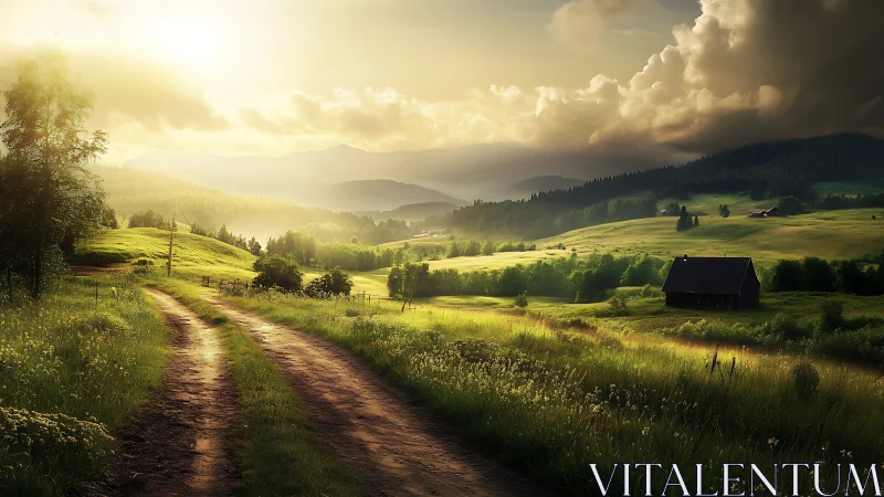 Sunlit country road winds through peaceful green valley at dawn.