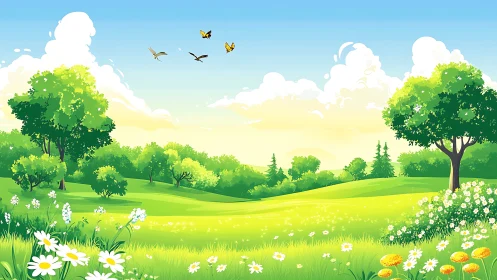 Bright green meadow with trees, wildflowers, and flying birds